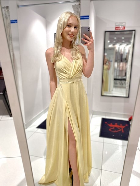 Sukienka długa na ramiączkach brokat cytrynowy