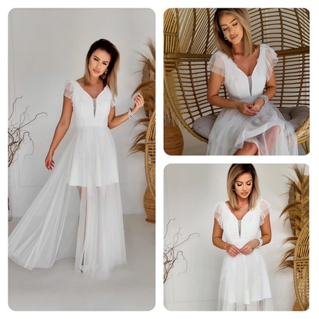 Sukienka długa tiul rękawek biel