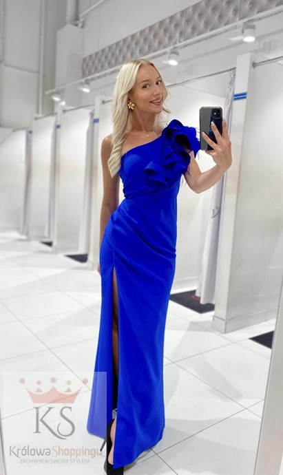 Sukienka długa asymetria falbana pióra chaber