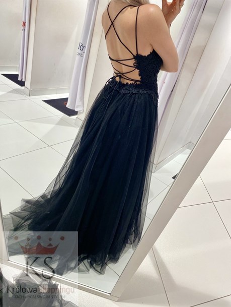 Sukienka długa tiulowa ramiączka koronka czerń