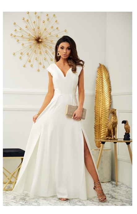 Sukienka długa pas rozcięcie błyszcząca biel