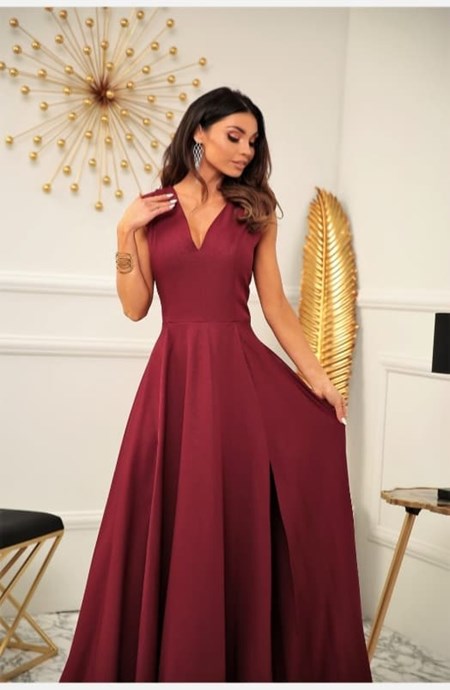 Sukienka długa pas rozcięcie błyszcząca bordo