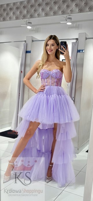 Sukienka asymetryczna falbany tiul gorset lila
