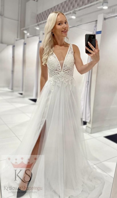 Sukienka długa dekolt V kwiaty tiul biel