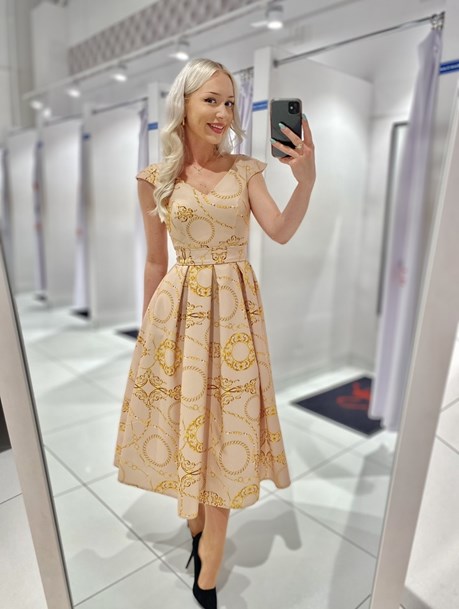 Sukienka midi łańcuch wzór złoto/beż