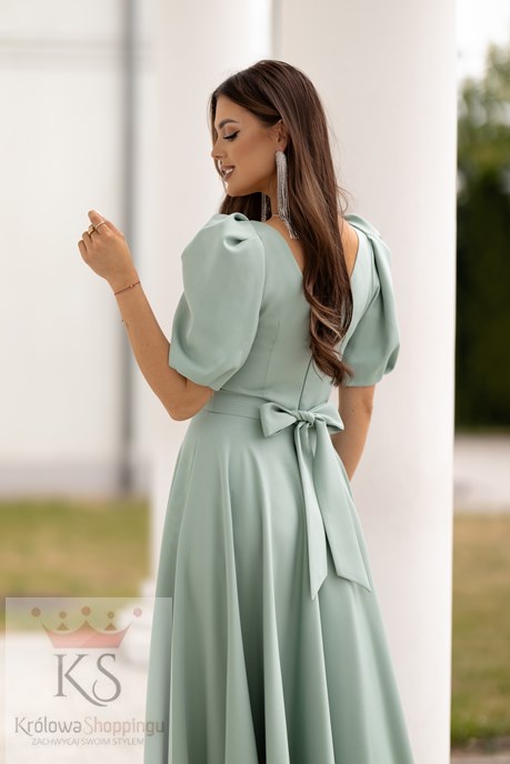 Sukienka długa 3/4 rękawek wiązanie plecy szałwia