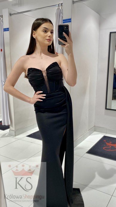 Sukienka długa rybka gorset koraliki czerń