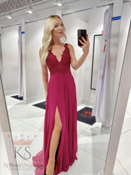 Sukienka długa V dekolt odkryte plecy fuksja