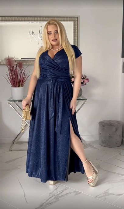 Sukienka długa rękawek marszczenia brokat granat