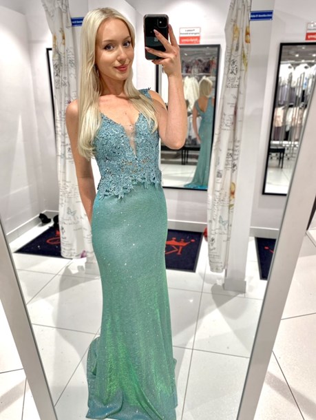 Sukienka długa zdobiona góra brokat pistacja