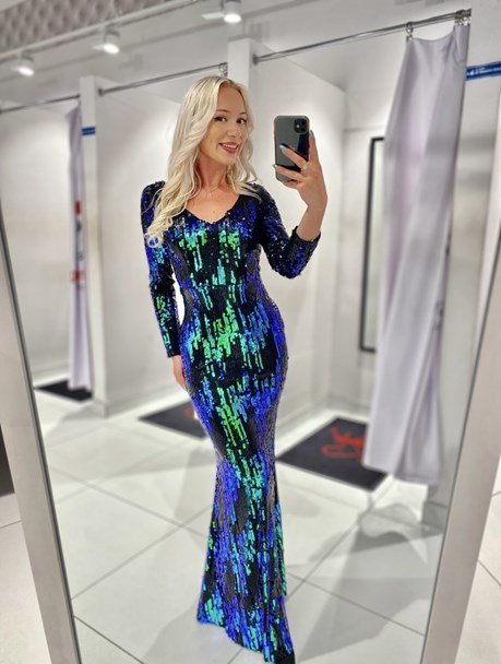 Sukienka długa rękawy cekiny granat/zieleń/czerń