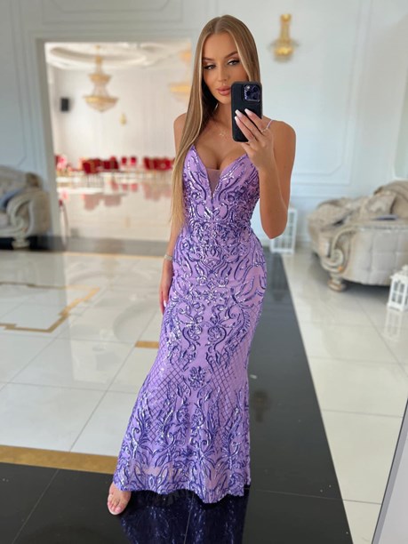 Sukienka długa ramiączka cekin siatka fiolet