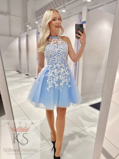Sukienka krótka tiul koronka wiązanie szyja błękit
