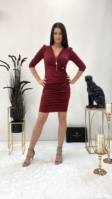 Sukienka krótka marszczenie rękaw brokat bordo