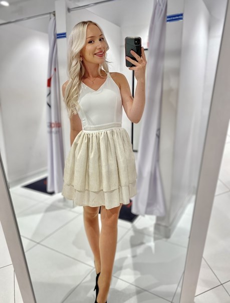 Sukienka krótka krzyż plecy brokat biel/złoty