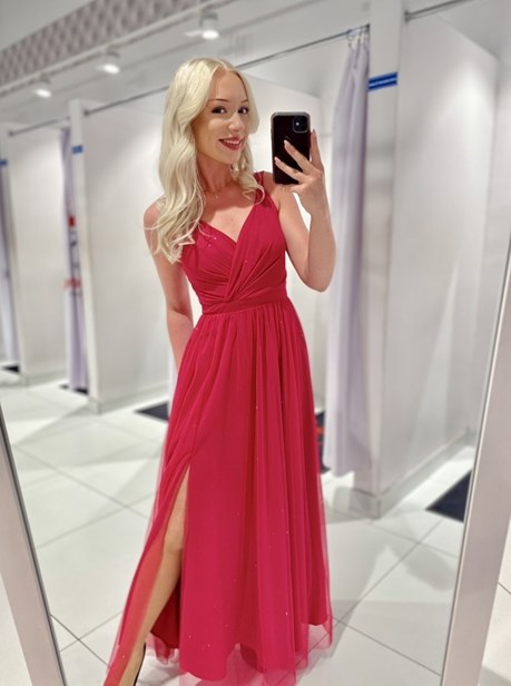 Sukienka długa ramiączka tiul pas brokat malina