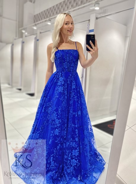 Sukienka długa balowa brokatowe kwiaty chaber