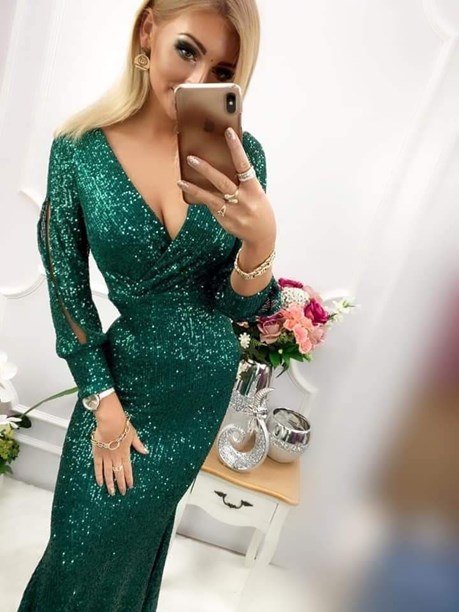 Sukienka długa cekiny rękawek zieleń