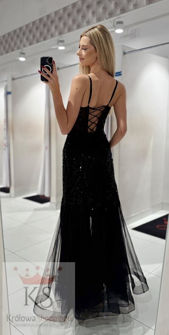 Sukienka długa rybka cekiny gorset tiul czerń