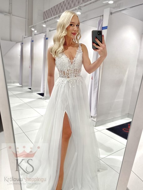 Sukienka długa tiulowa gorset koronka biel