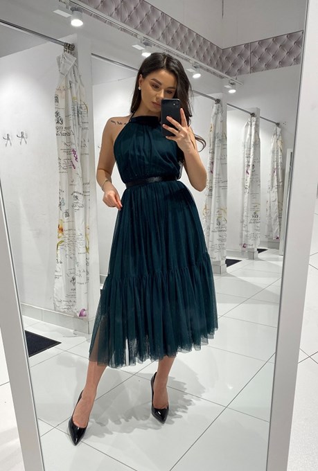 Sukienka midi tiul odkryte plecy zieleń