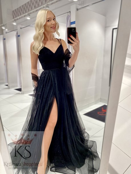 Sukienka długa tiulowa gorset ramiączka czerń