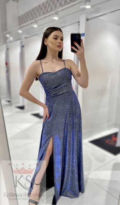 Sukienka długa wiązanie plecy brokat holo granat