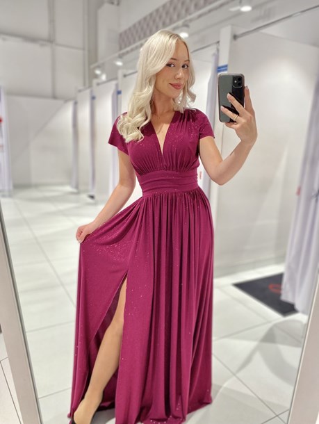 Sukienka długa brokat rękaw fuksja