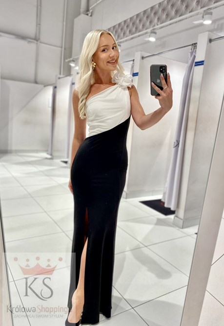 Sukienka długa asymetria ozdoba biel czerń