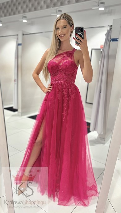 Sukienka długa asymetria tiul brokat fuksja