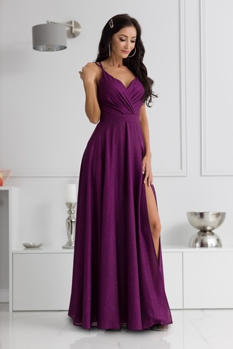 Sukienka długa na ramiączkach brokat fiolet