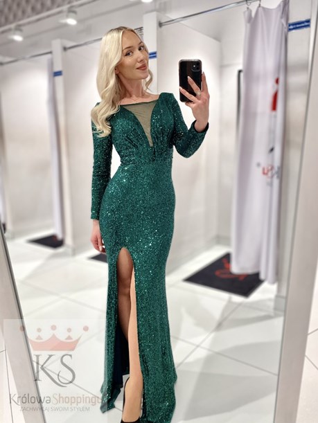 Sukienka długa cekiny długi rękaw zieleń