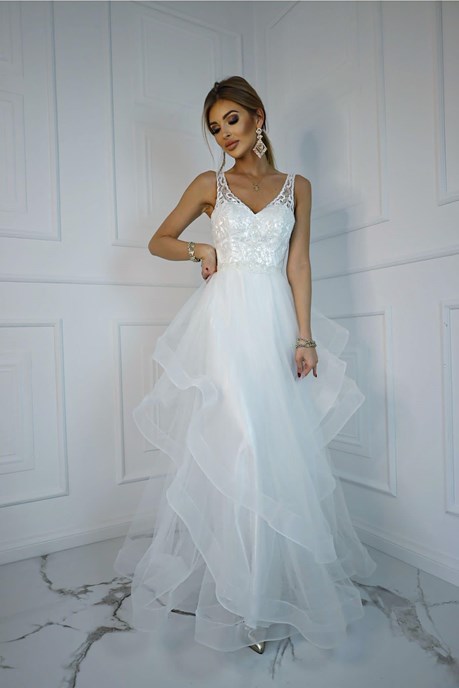 Sukienka długa asymetria zdobiona góra biel