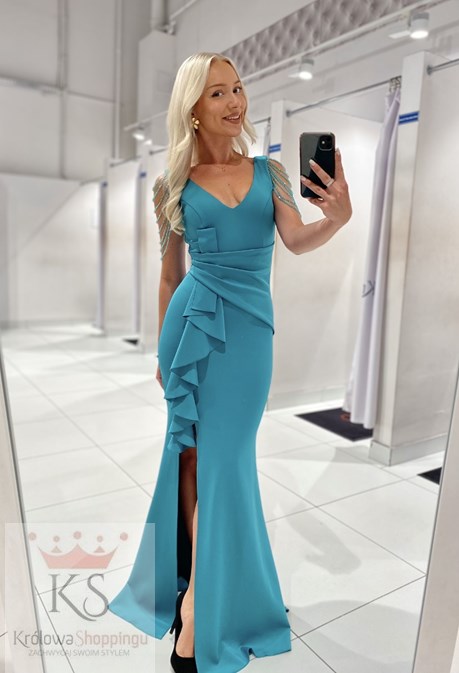 Sukienka długa falbana koraliki ramiona szmaragd