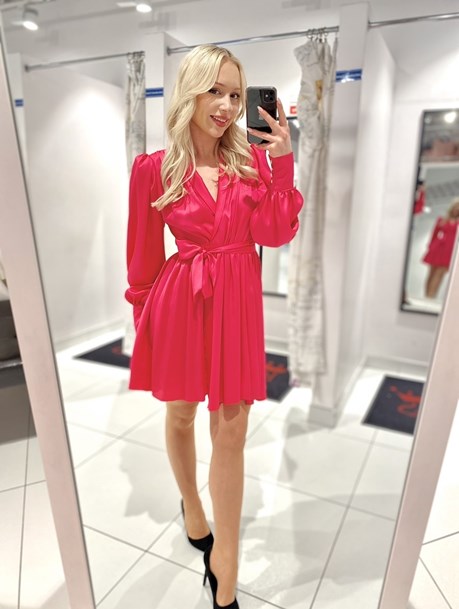 Sukienka krótka koszulowa rękaw neonowy róż