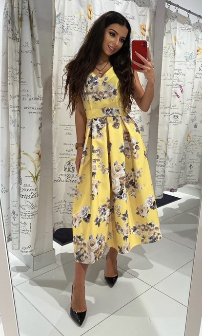 Sukienka midi rozkloszowana kwiaty całość zółta