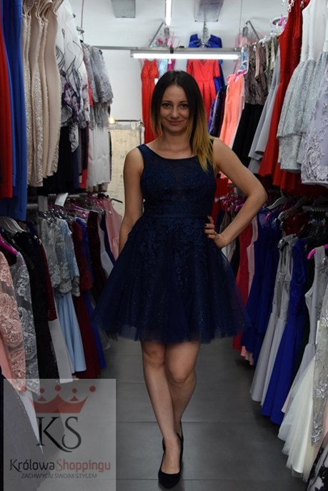 Sukienka krótka koronka wiązanie granat