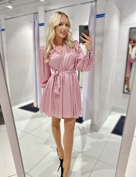 Sukienka krótka koszulowa rękaw groszki róż