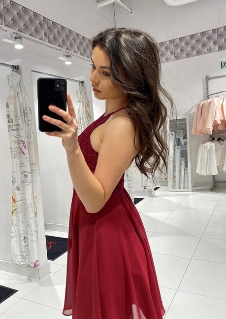 Sukienka krótka ramiączka na krzyż wiśnia