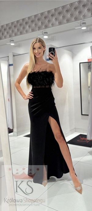 Sukienka długa rybka gorset pióra czerń