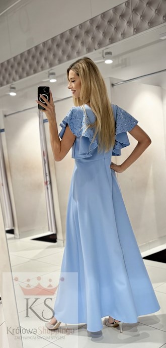 Sukienka długa rękawek falbanka cekiny błękit