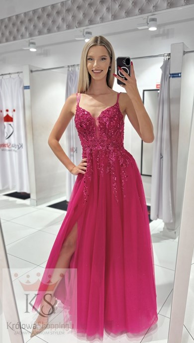 Sukienka długa gorset tiul brokat fuksja