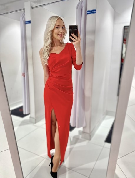 Sukienka długa marszczenie jedno ramię czerwona