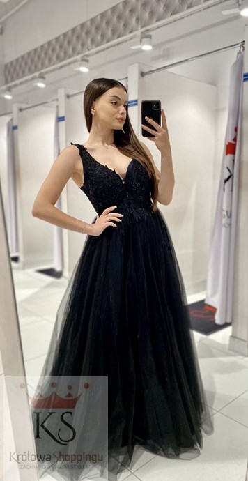 Sukienka długa koronkowy gorset tiul czerń