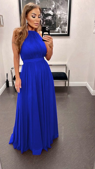 Sukienka długa wiązanie szyja tiul brokat chaber