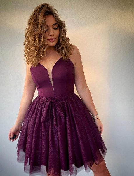 Sukienka krótka ramiączka tiul brokat śliwka