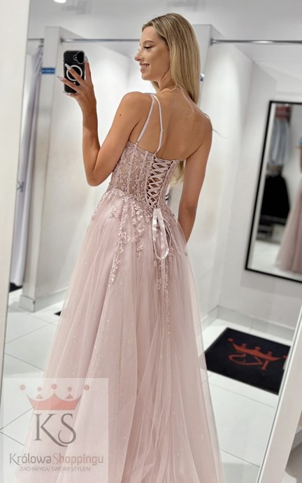 Sukienka długa asymetria tiul brokat wrzos