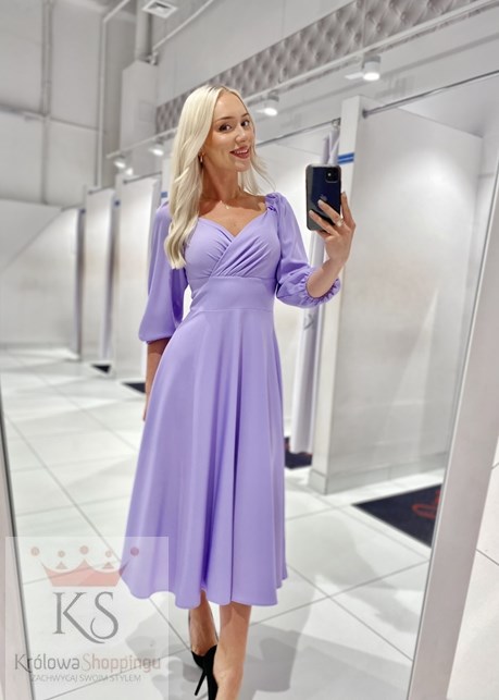 Sukienka midi rękawek 3/4 pas lila