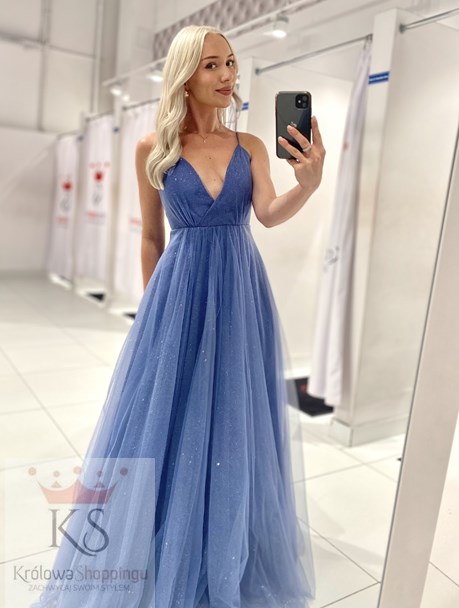 Sukienka długa ramiączka brokat tiul niebieski