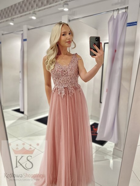 Sukienka długa tiulowa dekolt wrzos